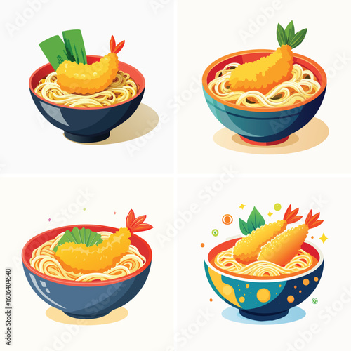 Tempura Udon a fun and colorful ensemble of mixed vector graphics, full of vivid tones and modern abstract design elements