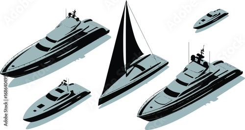 Isometric View of Luxury Yachts and Sailboat on Transparent Background Illustration