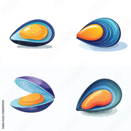 Mussel cheerful abstract ensemble, vivid vector artwork, lively pattern.