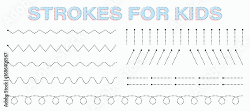 Strokes for kids, preschool handwriting practice lines, tracing worksheets, zigzag wavy loop patterns, early education printable activities, fine motor skill development, kindergarten learning vector