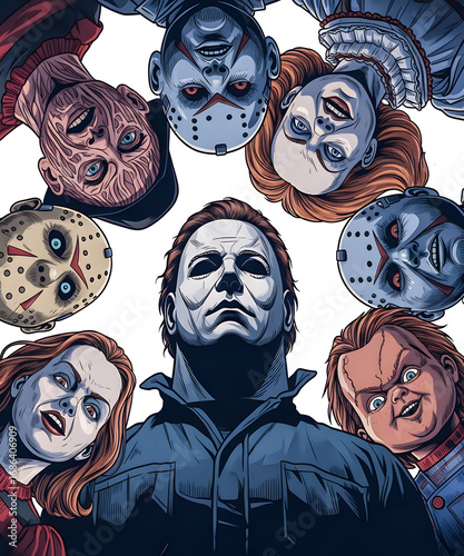Halloween T-Shirt Design.Horror movie icon characters Michael Myers, Freddy, Jason, Chucky, and Pennywise.