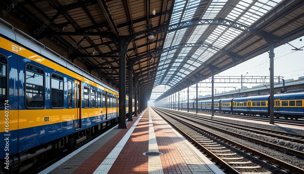 Fototapeta premium modern train station platform with multiple blue and yellow trains under glass roof extending into