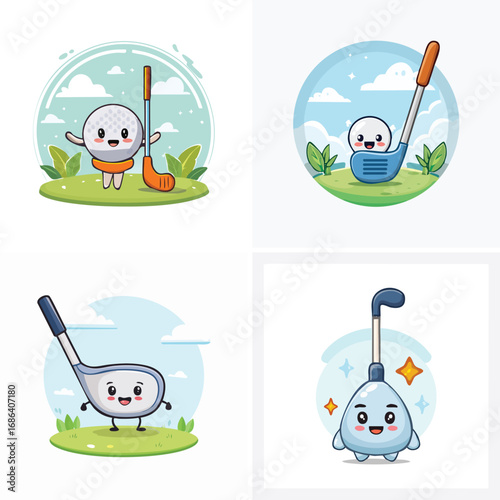 Golf Club mixed cute cartoon characters, colorful vector illustration, happy playful style.
