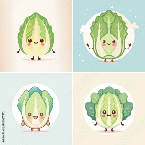 Napa Cabbage pastel cute cartoon mashup, charming vector characters, soft joyful illustration.
