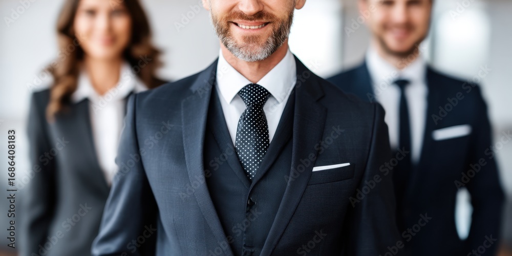 Fototapeta premium Successful business people in formal attire smiling in an office