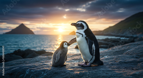 Penguins at sunset on rocky beach