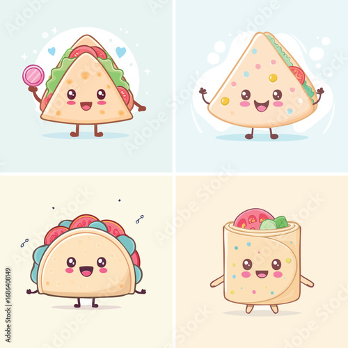 Lavash pastel kawaii characters combined, bright and soft vector artwork.