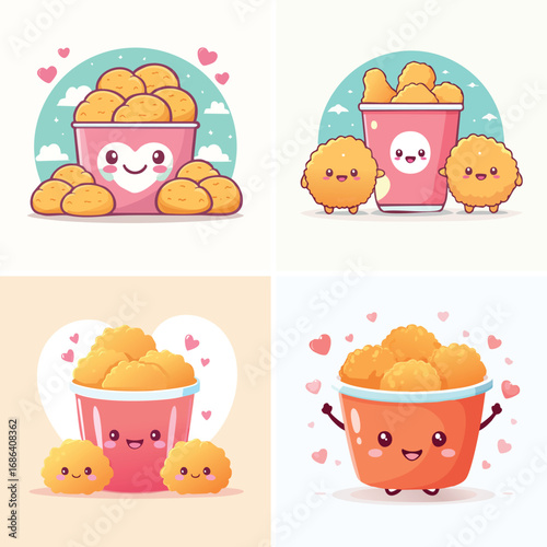 Chicken Nuggets pastel kawaii characters combined, bright and soft vector artwork.