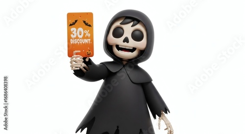 happy cartoon character skeleton boy person wearing black cloathes holding a Holding 30% Discount Card for halloween theme in 3d style design on white background 