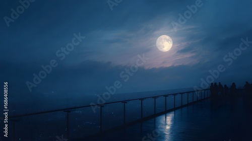 People admire the bright full moon from a city skyscraper observation deck at night with illuminated skyline below