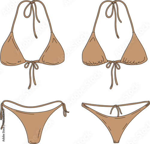 Brown Bikini Front and Back View, Triangle Top with Side Tie Bottom, Fashion Apparel Design, Swimwear Template, Cad Drawing Flat Vector Illustration