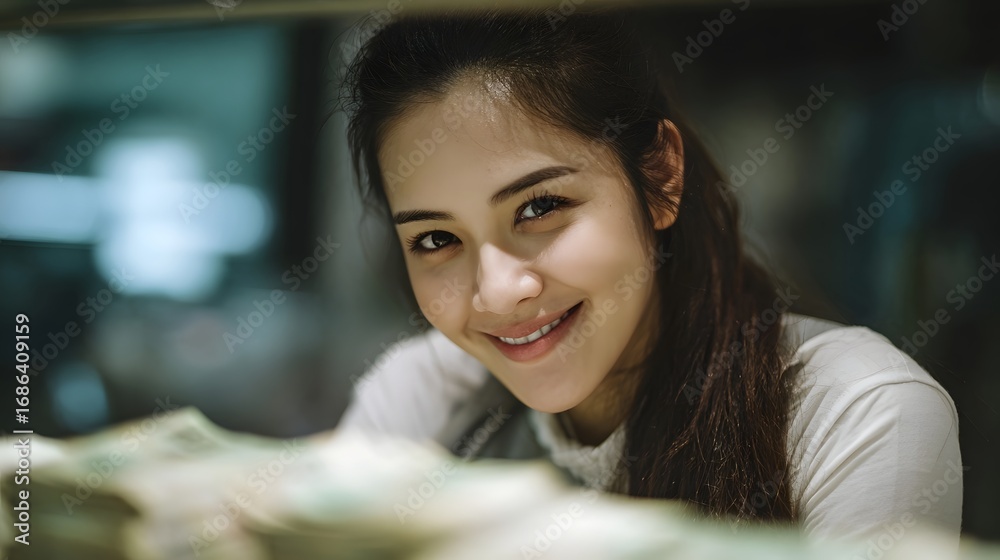 Fototapeta premium A smiling woman in a professional setting with stacks of cash suggesting a financial transaction
