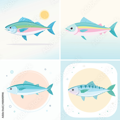 Mackerel cute pastel cartoon ensemble, lively vector illustration, cheerful expressions.