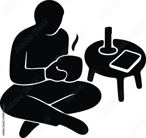 Illustrator Vector Person sitting with coffee next to table silhouette
