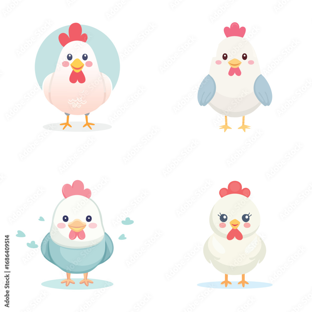 Obraz premium Chicken cute pastel cartoon ensemble, lively vector illustration, cheerful expressions.