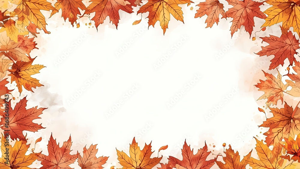 Fototapeta premium A beautiful autumn frame with a border of falling red and orange maple leaves, creating a sense of gentle motion. An elegant and seasonal design for a fall-themed invitation or card
