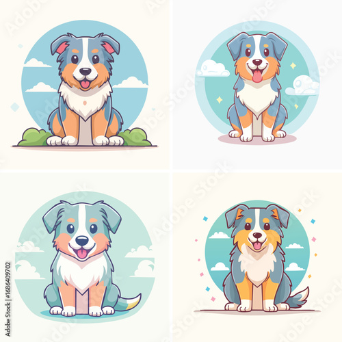 Australian Shepherd cute pastel cartoon ensemble, lively vector illustration, cheerful expressions.