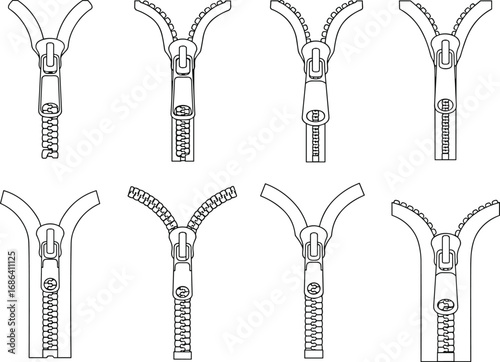 Cad drawing flat vector illustration of zipper collection, clothing accessory, garment closure design, fashion detail sketch, textile hardware template
