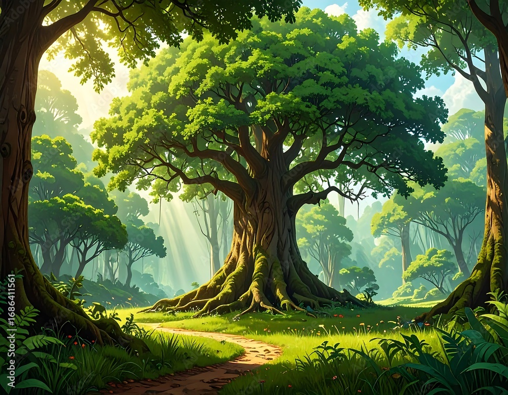 Naklejka premium Lush, sun-drenched forest scene with a grand central tree and winding path.