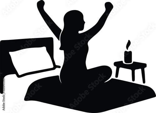 Illustrator Vector Silhouette of woman stretching in bed in the morning