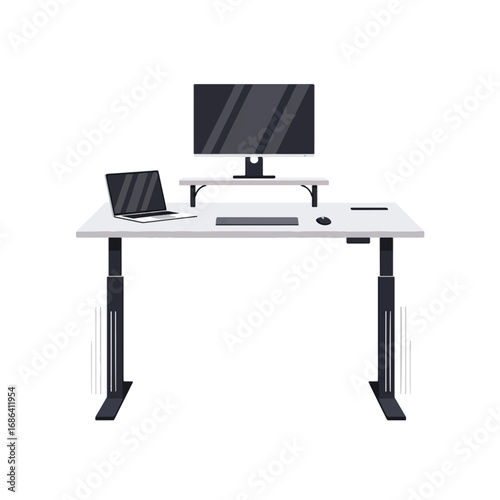 Modern adjustable standing desk setup with a computer monitor, laptop, and keyboard.
