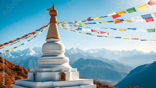 Ancient buddhist stupa and pagoda architecture in Kathmandu, Nepal, with a clear sky backdrop