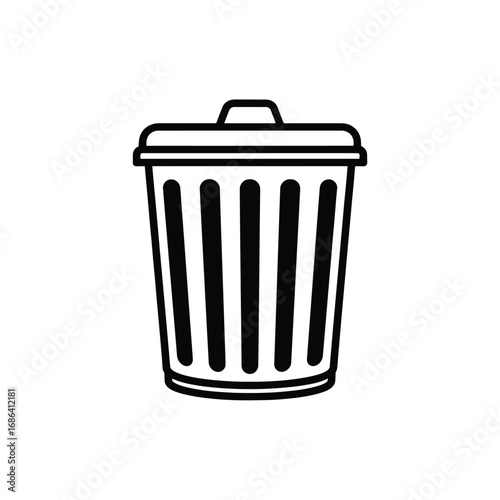 Black and white vector illustration of a trash can icon, a symbol for deleting waste or junk