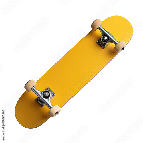 Overhead view of a bright yellow skateboard
