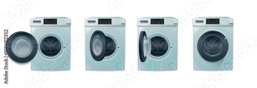 View of a modern stainless steel machines in a laundromat or laundrette. Public laundry with multiople washing machines. Frontal view, one door open. Cartoon washing machine.