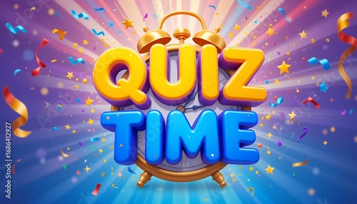 Colorful vibrant quiz time graphic with festive confetti and alarm clock in background