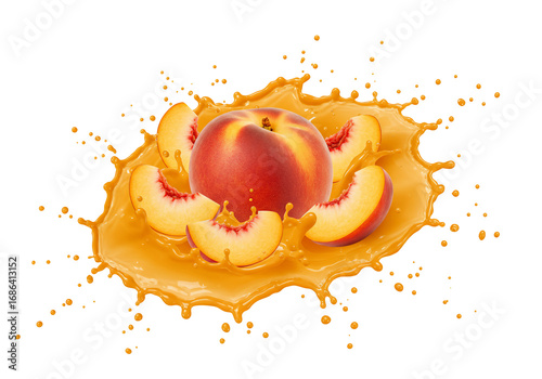 Fresh peach slices in juice splash transparent background
