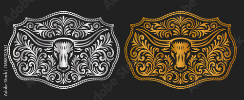 Longhorn Bull Label belt buckle wild west cowboy style tag design gold and silver stylized silhouette Western rodeo vector design.