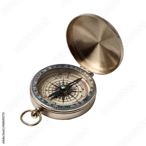 Open antique-style compass, brass, isolated