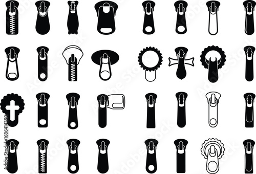 Creative zipper puller icon set, stylish zip slider design collection, garment accessory flat vector, fashion fastener CAD sketch illustration