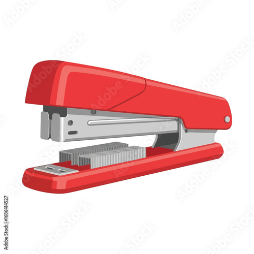 A vibrant red stapler with a stack of staples, ready for office or school use, isolated on a white background.