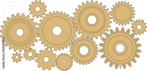 Vector Illustration of Interconnected Gears in Gold Tone.