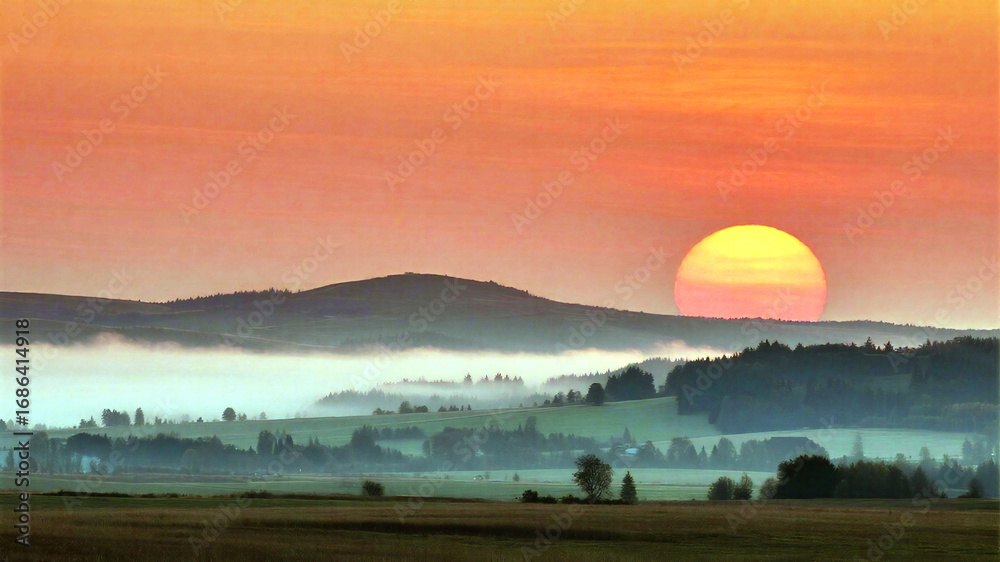 Obraz premium Red Moon Majestic sunrise paints the sky in vibrant orange hues over misty rolling hills and tranquil farmland, evoking peace and natural beauty.