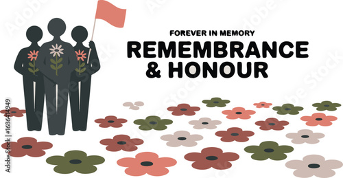 Forever In Memory Illustration Silhouetted Figures with Flowers, Red Flag and Floral Design on White Background