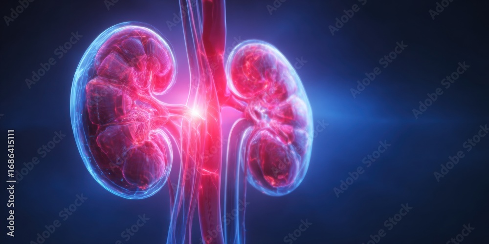 Naklejka premium Anatomical Illustration of Human Kidneys with Red Glowing Arteries on a Dark Blue Background