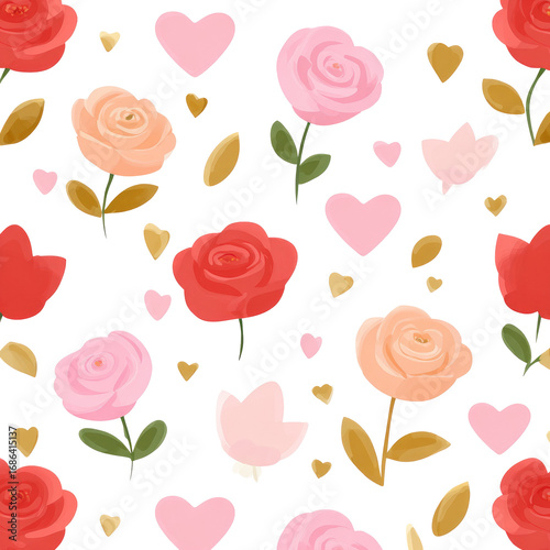 Floral pattern with roses, hearts, and leaves on black