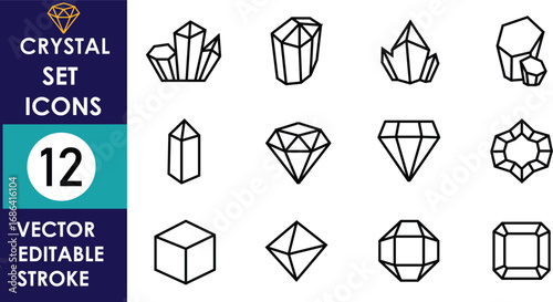 A collection of twelve unique crystal and gemstone vector icons in outline style, showcasing geometric facets, clusters, cubes, and modern editable stroke designs