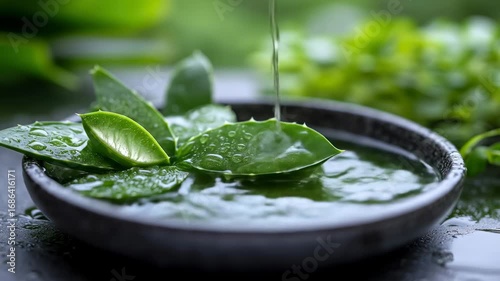 Aloe leaves soaking in water in dark bowl, water pouring