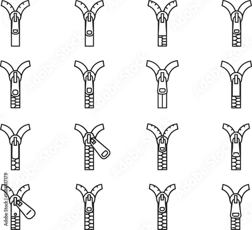 Minimal zipper slider icon set, outline zipper puller vector design, garment closure detail symbols, fashion CAD technical illustration pack