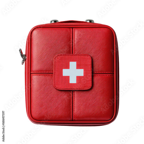 Red first-aid kit, rectangular, featuring a white cross