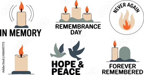 Illustrated Remembrance Day Graphics Featuring Candles, Flame, Doves, and Messages of Peace, Hope, and Memory