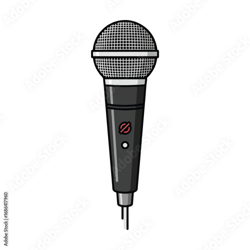 Illustration of a black microphone with a mesh head, perfect for recording audio.