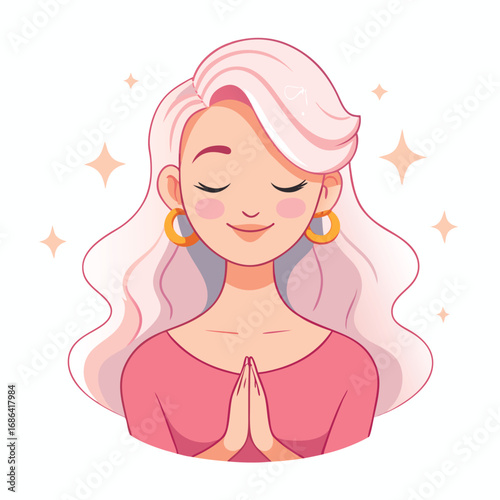 Charming vector illustration of a young woman praying serene blissful expression