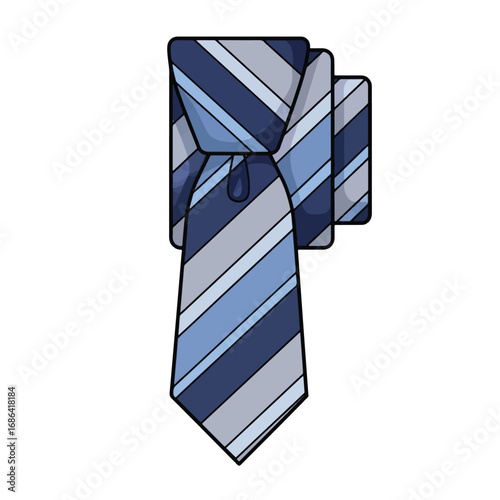 Cartoon illustration of a folded striped necktie with blue and gray stripes.