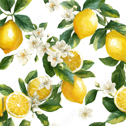 Vibrant lemon pattern with blossoms and leaves