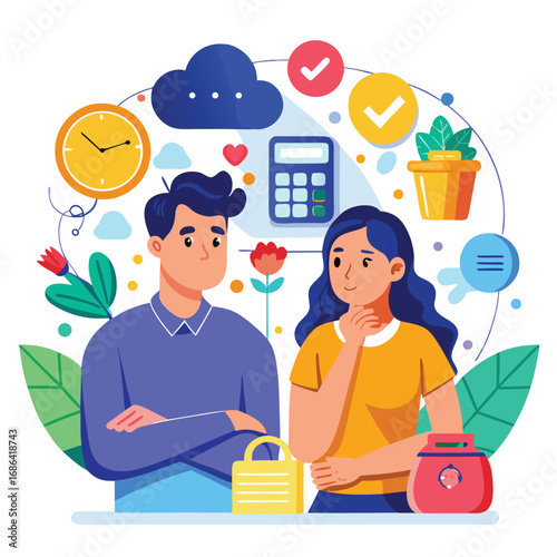 Young couple contemplating future plans with financial and time management elements
